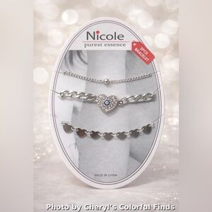 Nicole Silver-Tone 3-Piece Heart Charm Bracelet Set